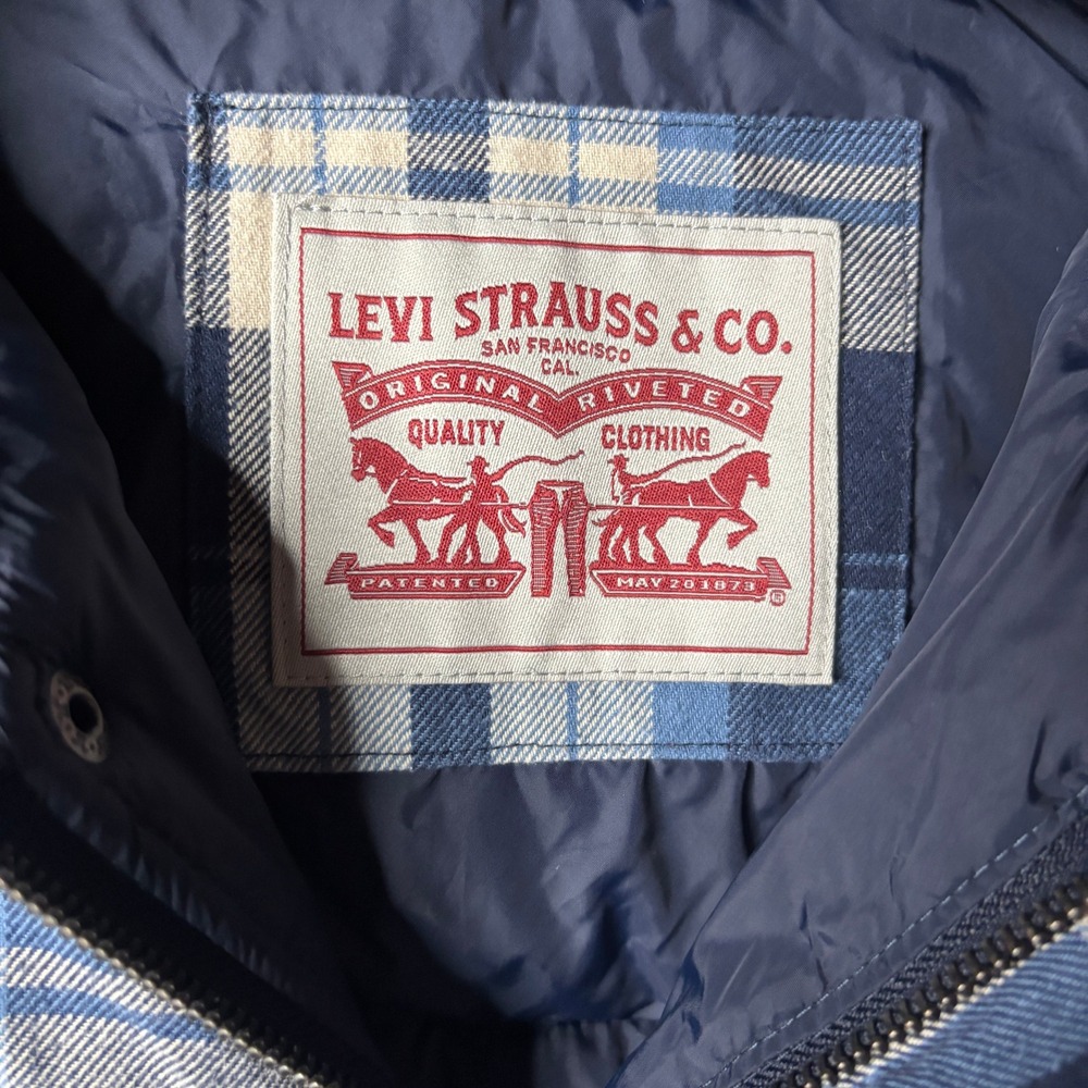 Levis Mens Blue Plaid Quilted Hooded Flannel Shirt Jacket Insulated Size Medium - Picture 7 of 12